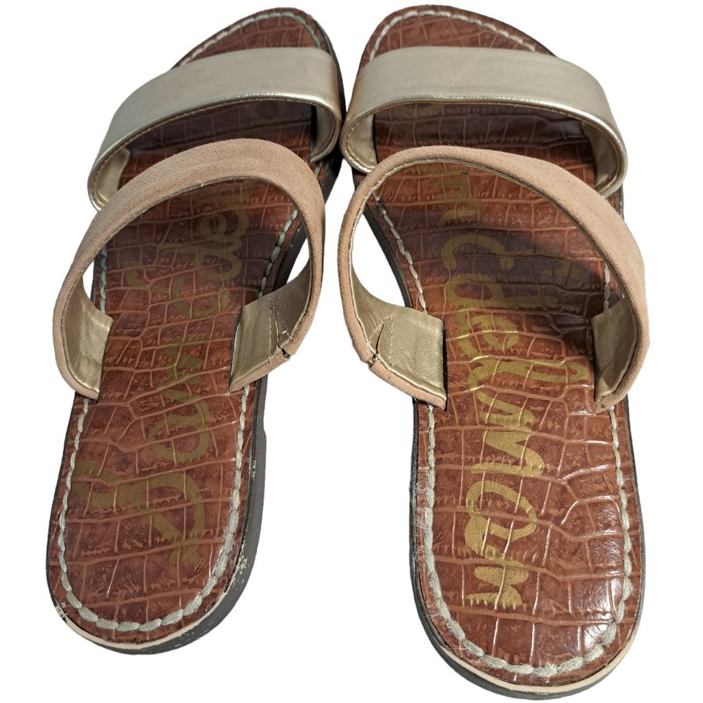 Sam Edelman Tan & Gold Faux Leather Double Strap Slip On Sandals Size 6.5 - Picture 2 of 10